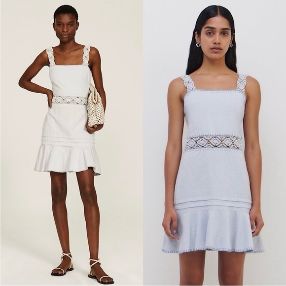 JONATHAN SIMKHAI Macrame Detail Square Neck Sleeveless Ruffle Flare Hem Dress 4 - Picture 1 of 11